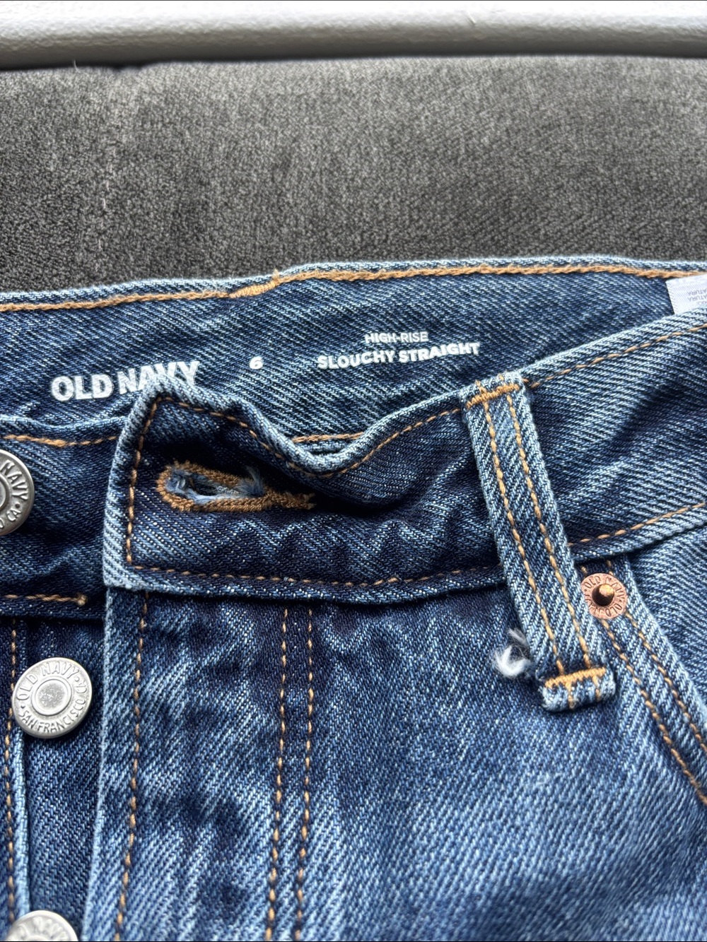 Old Navy Women's High-Rise Slouchy Straight Jeans - Dark Blue with Tan Stitching